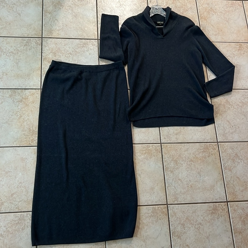 VTG‎ JEANNE PIERRE Charcoal Gray Cotton Knit SET, Sz S Long Sleeve Top & L Skirt